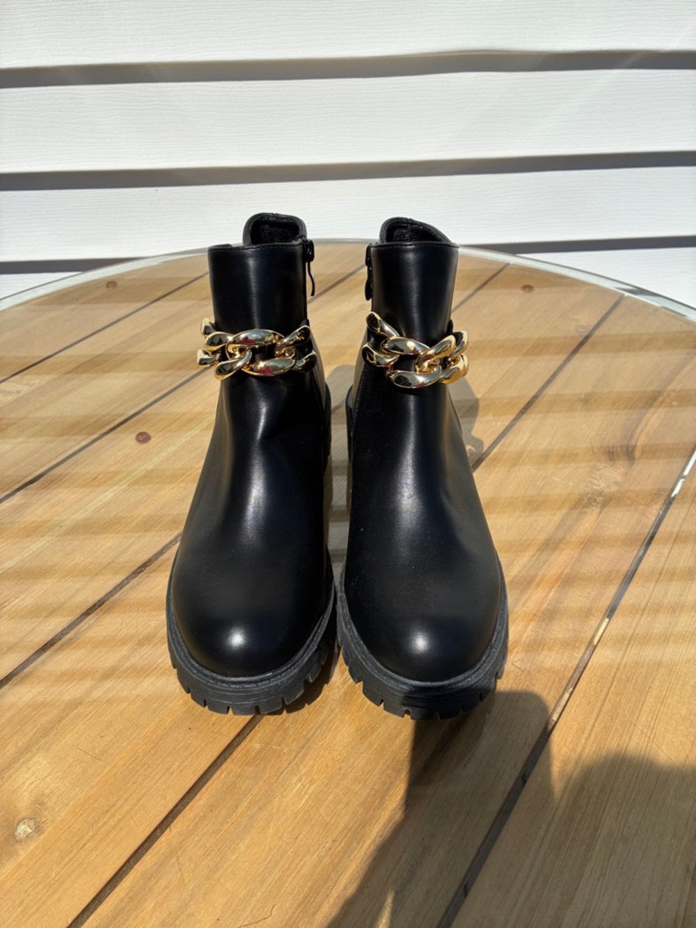 Karen Miller Black Chunky Chelsea Boots with Gold Chain Accent new